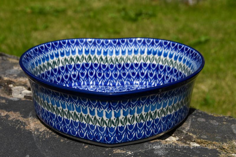 Polish Pottery Blue Tulip Pattern Large Heart Dish from Polkadot Lane importers of Ceramika Artystyczna Bolesławiec Ceramics