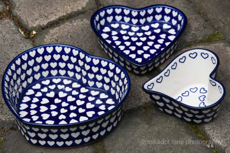 Polish Pottery Three Piece Heart Dish Set in Hearts Pattern from polkadot Lane UK