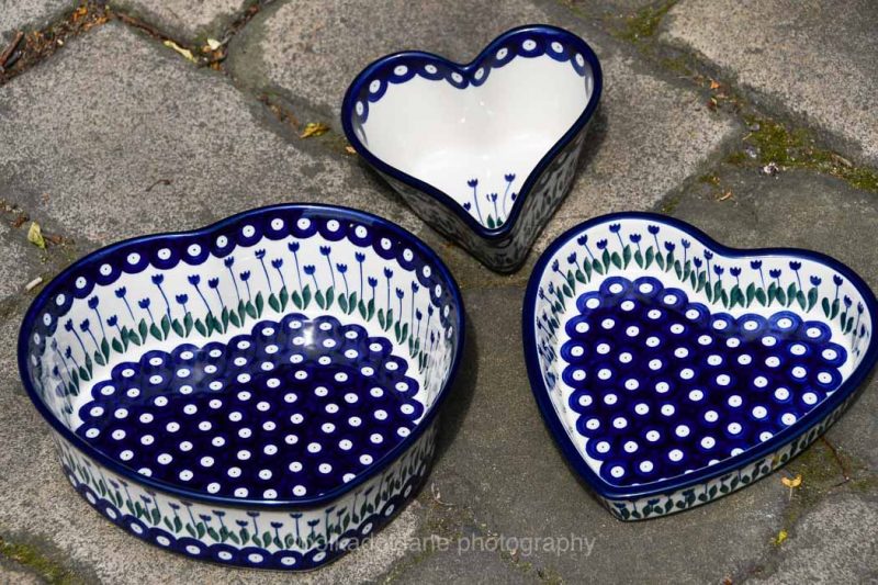 Polish Pottery Flower Spotty Heart Dish Set by Ceramika Artystyczna