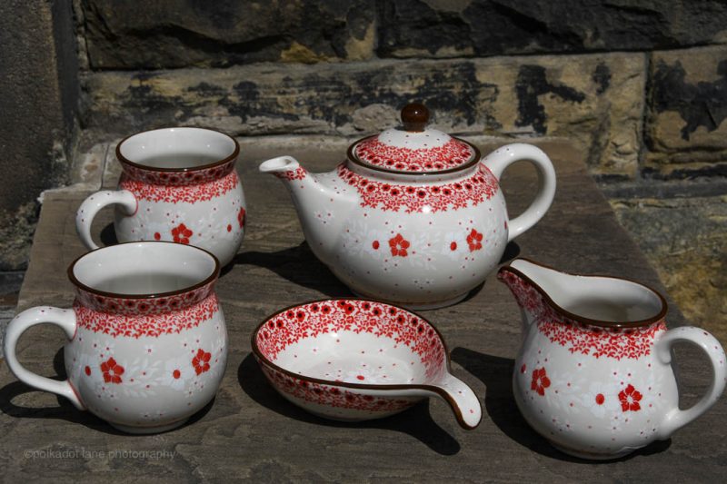 Tea Set for Two Red and White Flower Pattern by Ceramika Artystyyczna