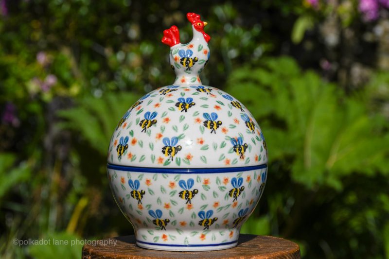 Bee Pattern Hen on Globe Storage Container by Ceramika Artystyczna Polish Pottery