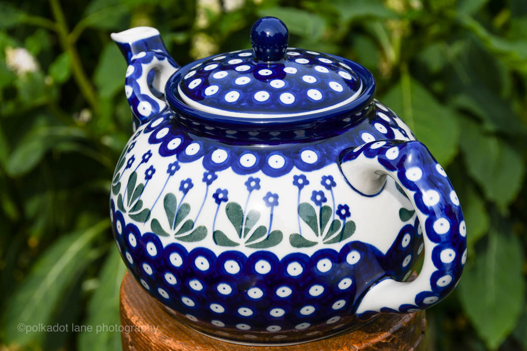 White Flower on Blue Teapot from Polkadot Lane UK Polish Pottery shop