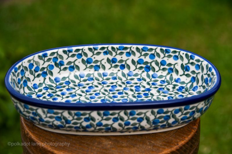 Polish Pottery Small Oval Serving Dish Blue Berry Leaf Pattern by Ceramika Artystyczna