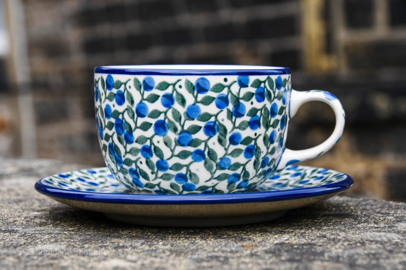 Polish Pottery Blue Berry Leaf Cup and Saucer