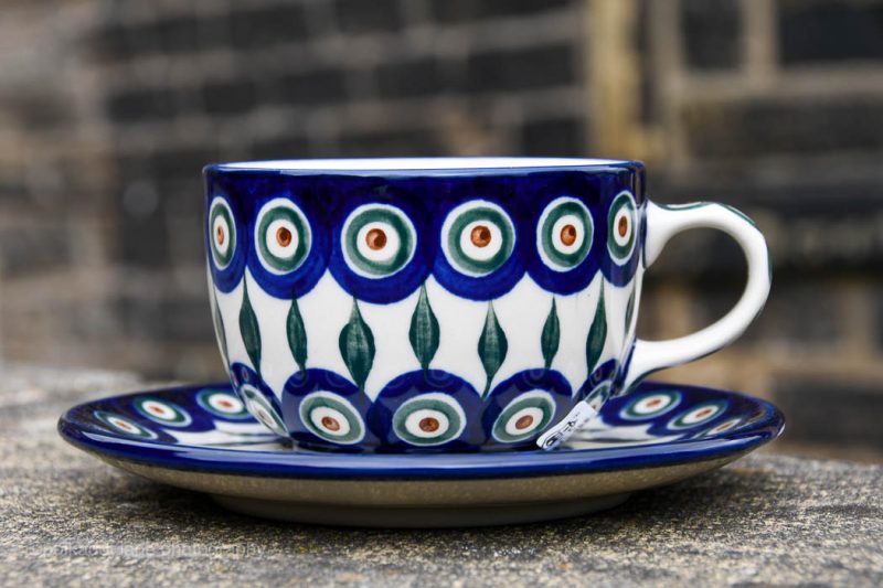 Polish Pottery Peacock Leaf Cup and Saucer by Ceramika Artystyczna