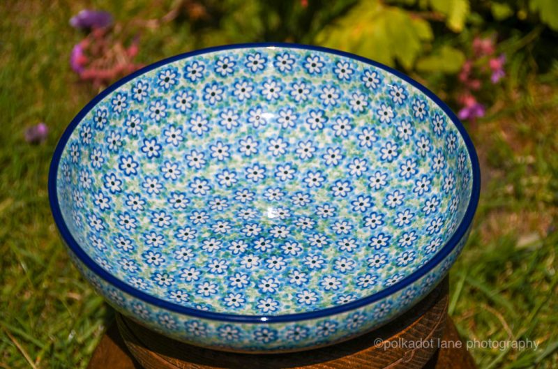 Polish Pottery Salad Bowl Turquoise Daisy pattern by Ceramika Artystyczna