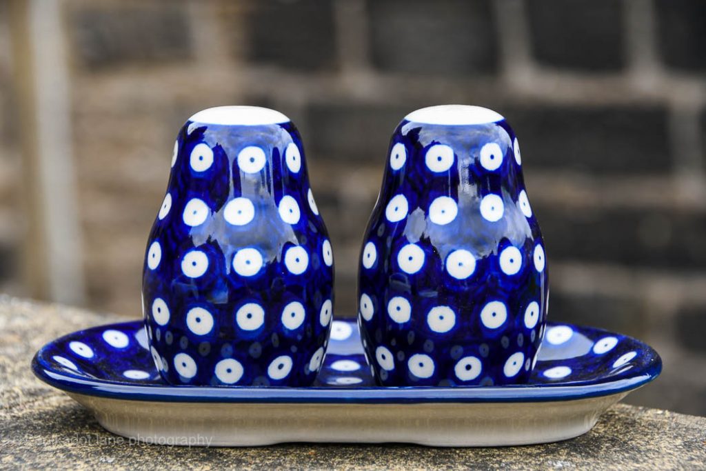 Blue Spotty Salt and Pepper Set from Polkadot Lane Polish Pottery Shop
