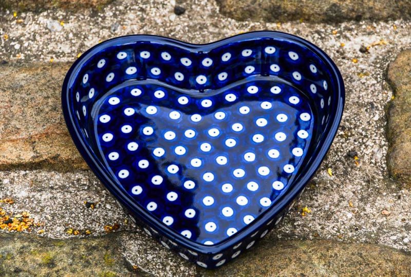 Shallow Heart Dish Polkadot Blue Pattern by Ceramika Artystyczna Polish Pottery