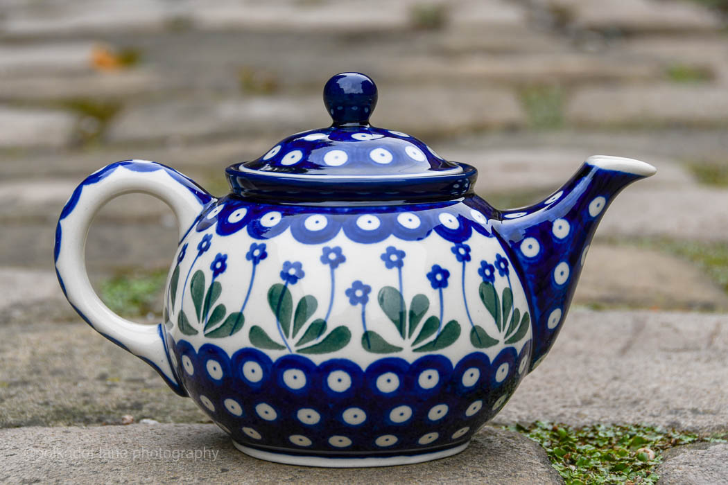 White Flower on Blue Teapot from Polkadot Lane UK Polish Pottery shop
