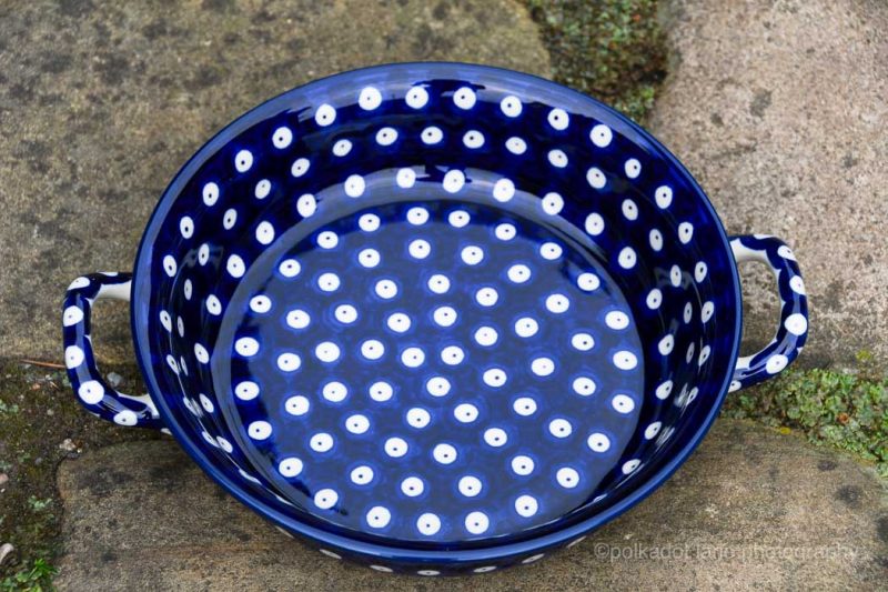 Polkadot Blue Round Serving Dish with Handles medium size by Ceramika Artystyczna