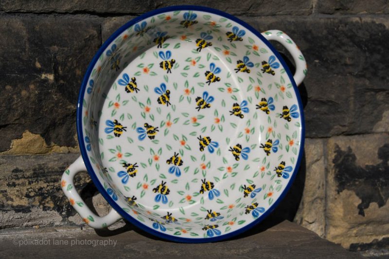 Polish Pottery Bee Round Serving Dish with Handles from Polkadot Lane UK