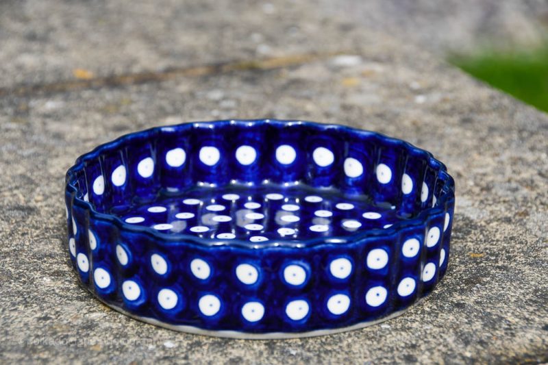 Polish Pottery Small Flan Dish Polkadot Blue Pattern by Ceramika Artystyczna
