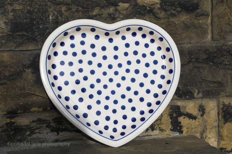 Polish Pottery Blue Spots on White Heart shaped Plate from Polkadot Lane UK