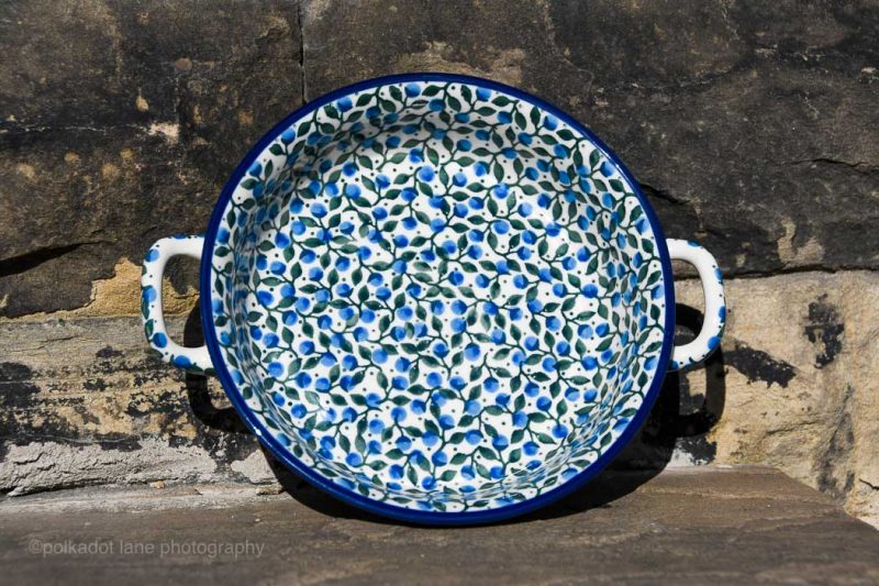 Polish Pottery Small Round Dish Blue Berry Leaf Pattern from Polkadot Lane UK