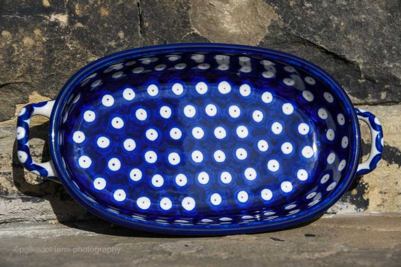 Small Oval Serving Dish with Handles Blue Spotty pattern by Ceramika Artystyczna.