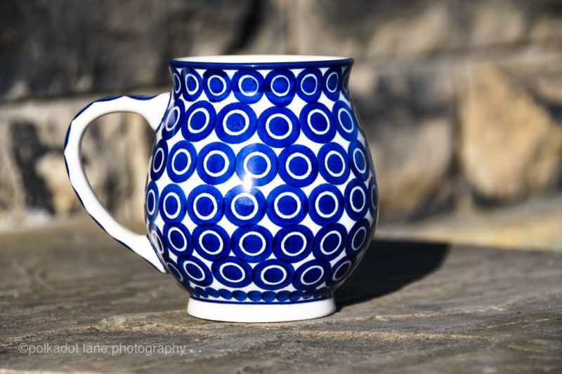 Polish Pottery Cosy Mug Circles Pattern from Polkadot Lane Importers of the most varied and colourful Ceramika Artystyczna Boleslawiec Ceramics.