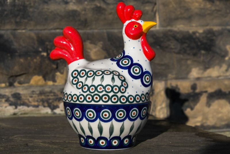 Polish Pottery Hen on Nest Egg Container Peacock Leaf Pattern by Ceramika Artystyczna