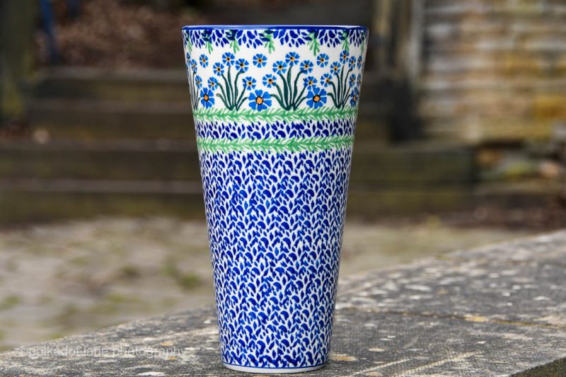 Polish Pottery Tall Vase in Forget me not pattern by Ceramika Artystyczna. Buy on line from Polkadot Lane UK.