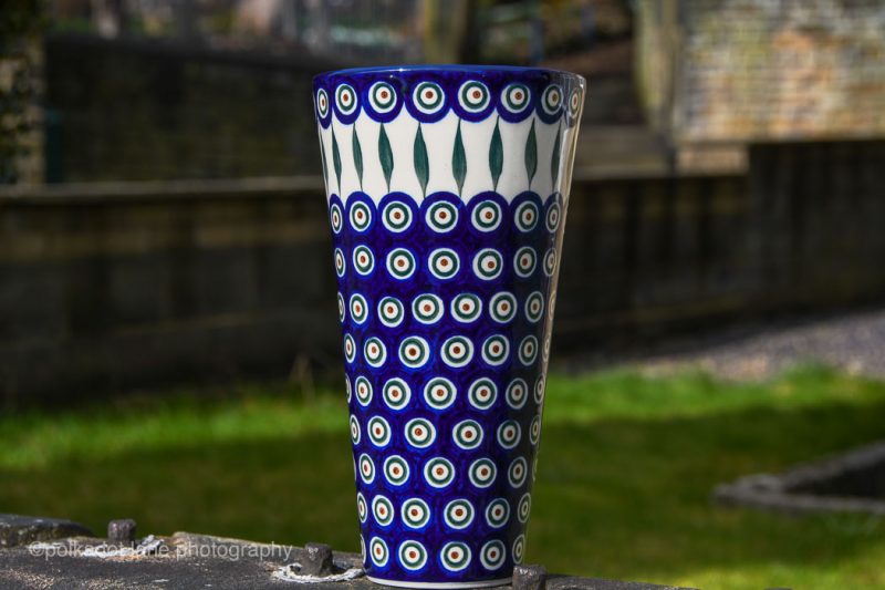 Polish Pottery Peacock Leaf Tall Vase by Ceramika Artystyczna Bolesławiec.