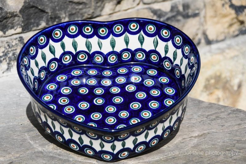 Polish Pottery Peacock Leaf Heart Dish by Ceramika Artystyczna from Polkadot Lane UK shop.