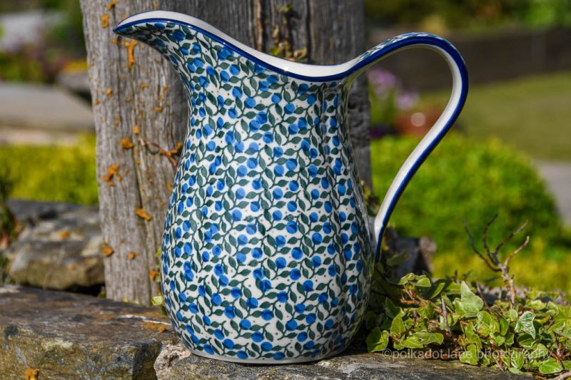 Polish pottery Blue Berry Leaf pattern Large Spout Jug by Ceramika Artystyczna