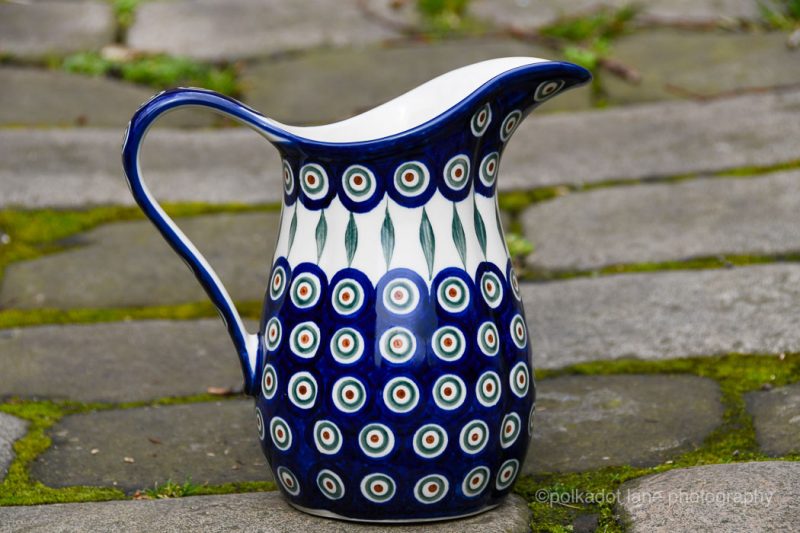 Polish Pottery Peacock Leaf Large Spout Jug by Ceramika Artystyczna.