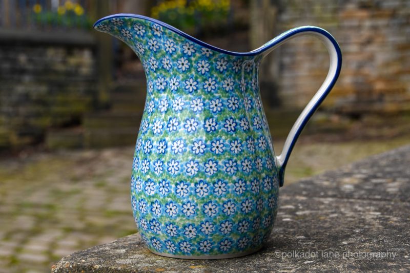Polish Pottery Large Spout Jug in Turquoise Daisy pattern from Polkadot Lane UK shop online shop.