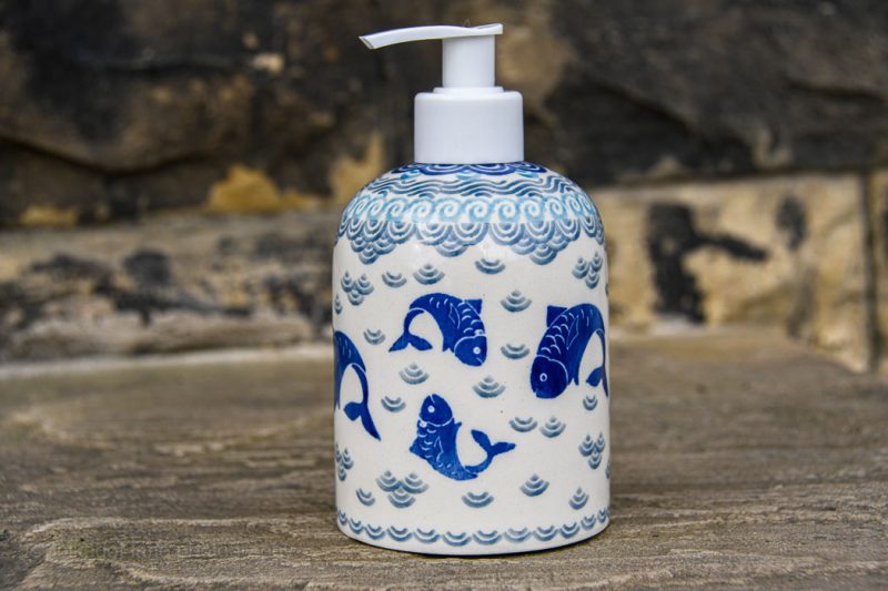 Polish Pottery Leaping Fish Pattern Soap Dispenser by Ceramika Artystyczna.