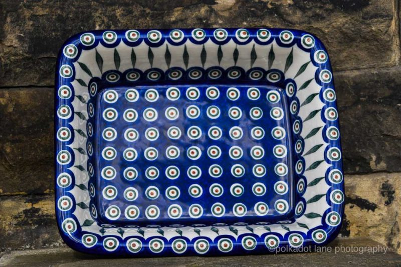 Polish Pottery Large Oven Dish with Rim Peacock Leaf Pattern from Polkadot Lane importers of Ceramika Artystyczna.