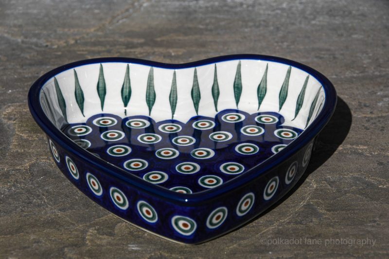 Polish Pottery Peacock Leaf Shallow Heart Dish from Polkadot Lane us shop. Importers of Ceramika Artystyczna ceramics