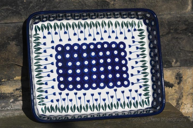 Polish Pottery Shallow Oven Dish Flower Spotty pattern. From Polkadot Lane UK shop and online.