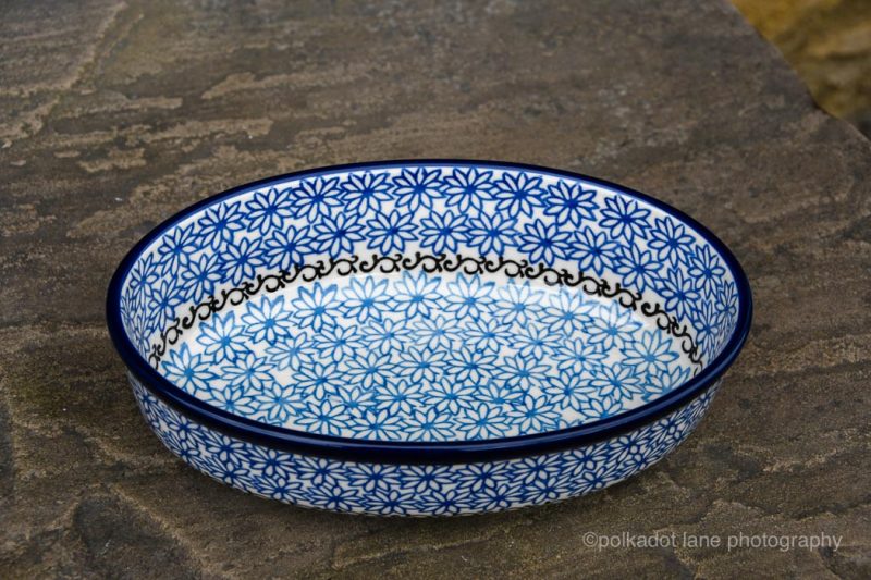 Polish Pottery Blue Daisy Small Oval Dish by Ceramika Artystyczna.
