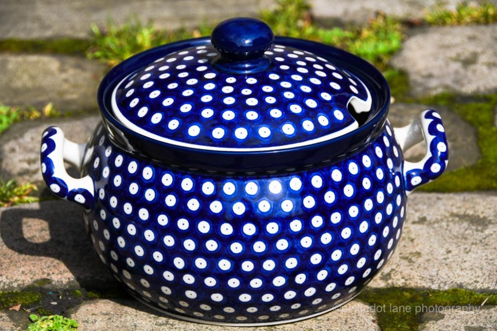 Blue Spotty Tureen in the kitchen Polkadot Lane Polish Pottery