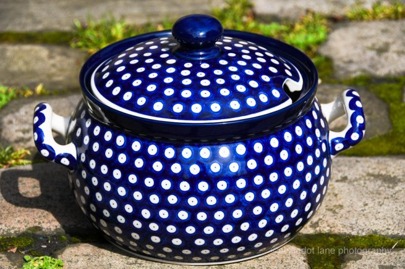 Polish Pottery Blue Spotty Tureen from Polkadot Lane importers of Ceramika Artystyczna ceramics.