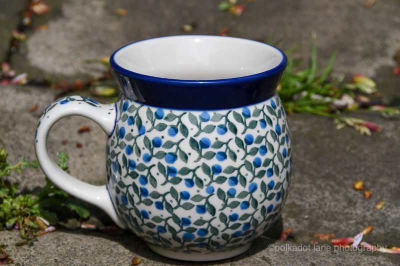 Polish Pottery Large Mug Blue Berry Leaf Pattern by Ceramika Artystyczna