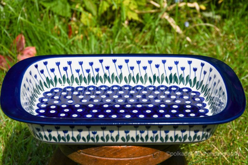 Tulip Spot Large Pie Dish Dish with Handles by Ceramika Artystyczna Polish Pottery