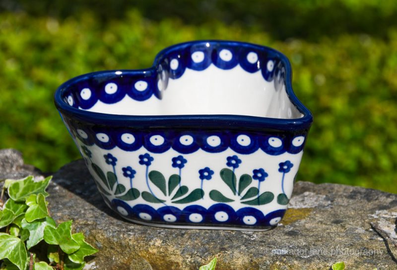 Polish Pottery Small Heart Dish Daisy Spot by Ceramika Artystyczna.