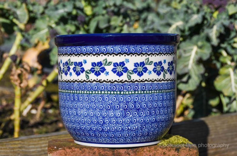 Polish Pottery Blue Flower and Swirl Plant Pot by Ceramika Artystyczna.