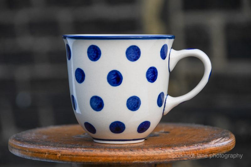 Blue Spots on white Polish Pottery Curved Mug by Ceramiika Artystyczna