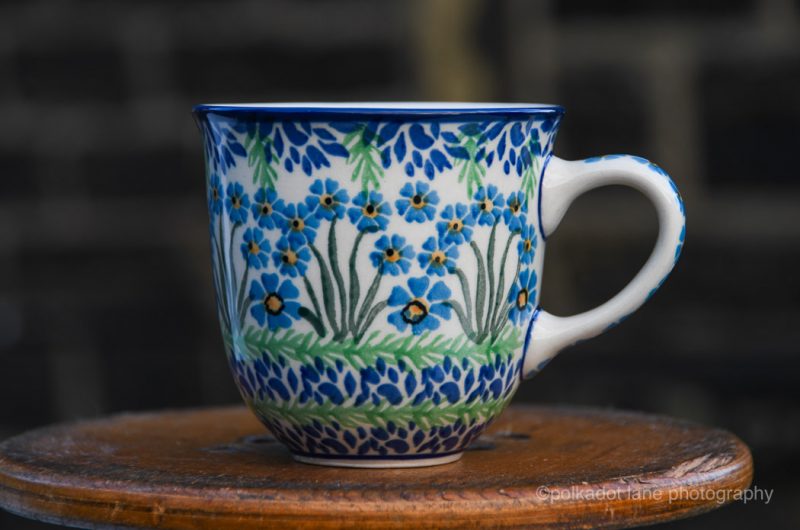 Polish Pottery Curved Mug Forget Me Not Pattern by Ceramika Artystyczna