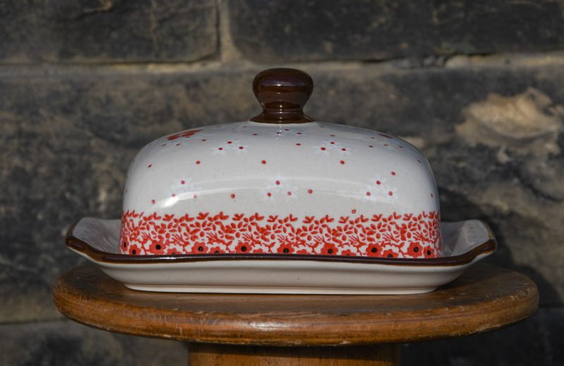 Polish Pottery Red and White Flower Butter Dish by Ceramika Artystyczna