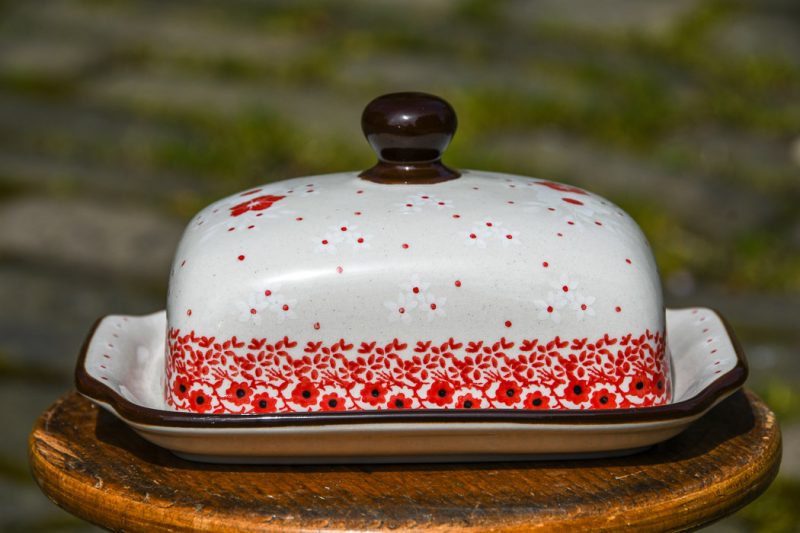 Polish Pottery Red and White Flowers Butter Dish by Ceramika Artystyczna