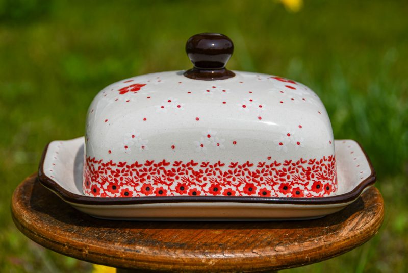 Polish Pottery Butter Dish Red and White Flowers pattern by Ceramika Artystyczna.