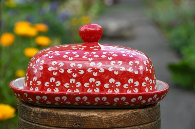 Polish Pottery White Flower on Red Butter Dish by Ceramika Manufaktura.