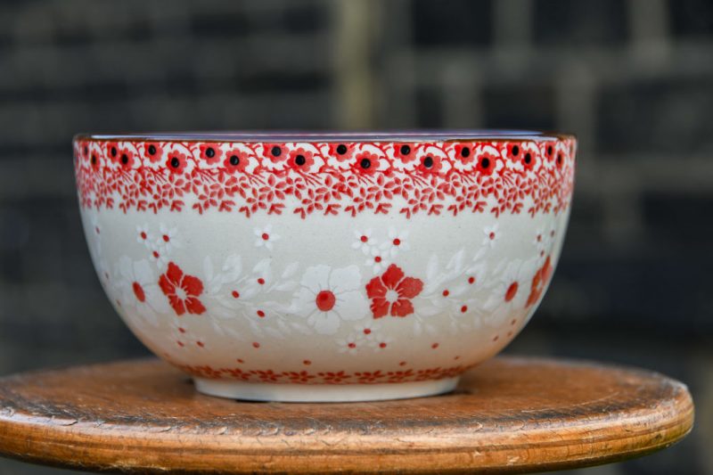 Polish Pottery Red and White Flowers Cereal Bowl by Ceramika Artystyczna
