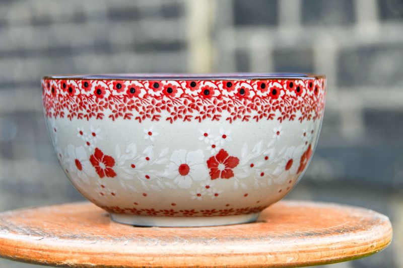 Polish Pottery Cereal Bowl Red and White Flowers by Ceramika Artystyczna
