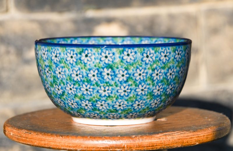 Polish Pottery Cereal Bowl Turquoise Daisy pattern by Ceramika Artystyczna.