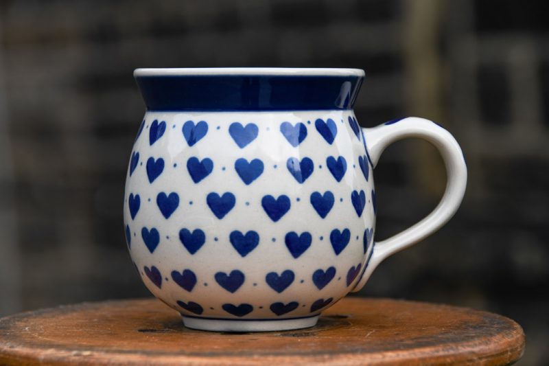 Polish Pottery Medium size Mug in Small Blue Hearts Pattern.