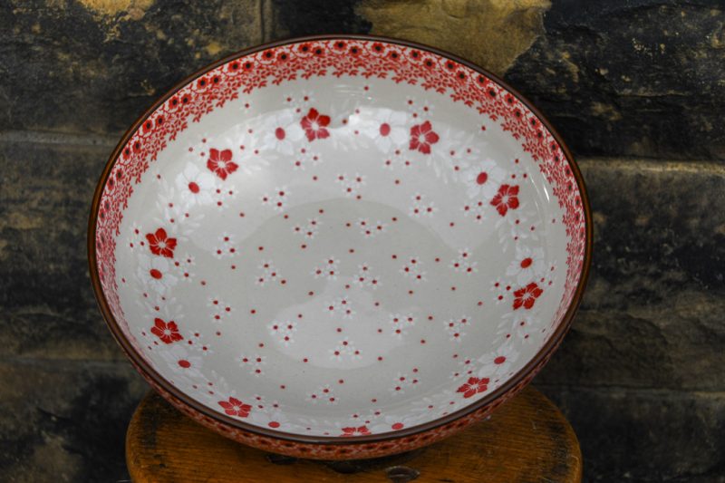 Polish Pottery Red and White Flowers Salad Bowl by Ceramika Artystyczna