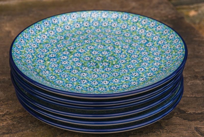 Polish pottery set of Six Dinner Plates Turquoise Daisy Pottery by Ceramika Artystyczna.